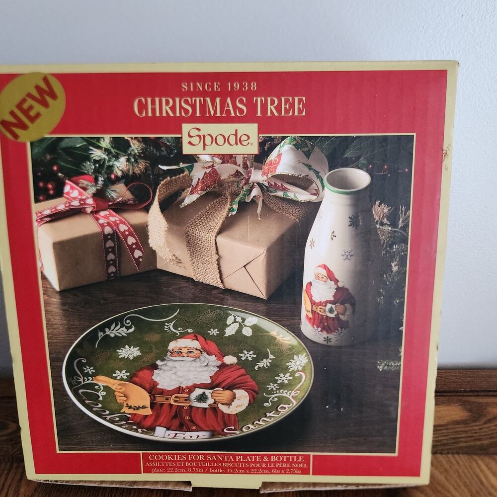 Spode Christmas Tree Santa Porcelain 8.5 in  Plate and 10 oz Milk Bottle NIB